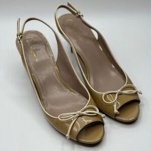 Cole Haan Nike Air Talia Slingback Pumps Patent Tan Bow Tie Peep Toe Size 9.5